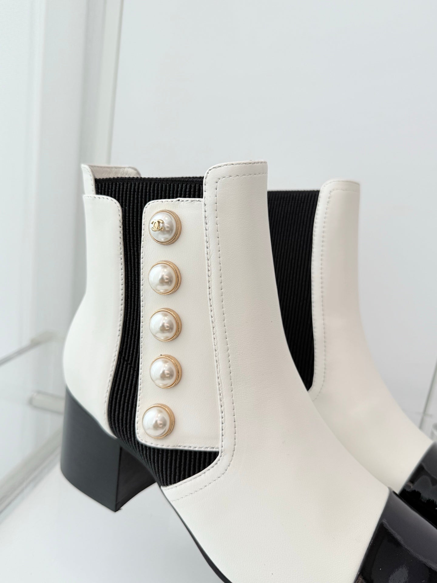 Chanel Pearl Button Two-Tone Cap Toe Ankle Boots