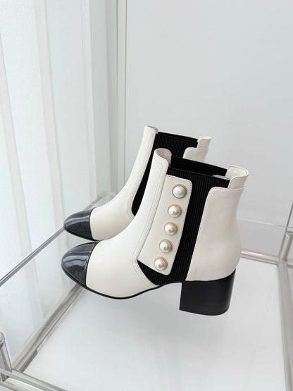 Chanel Pearl Button Two-Tone Cap Toe Ankle Boots
