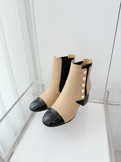 Chanel Pearl Button Two-Tone Cap Toe Ankle Boots