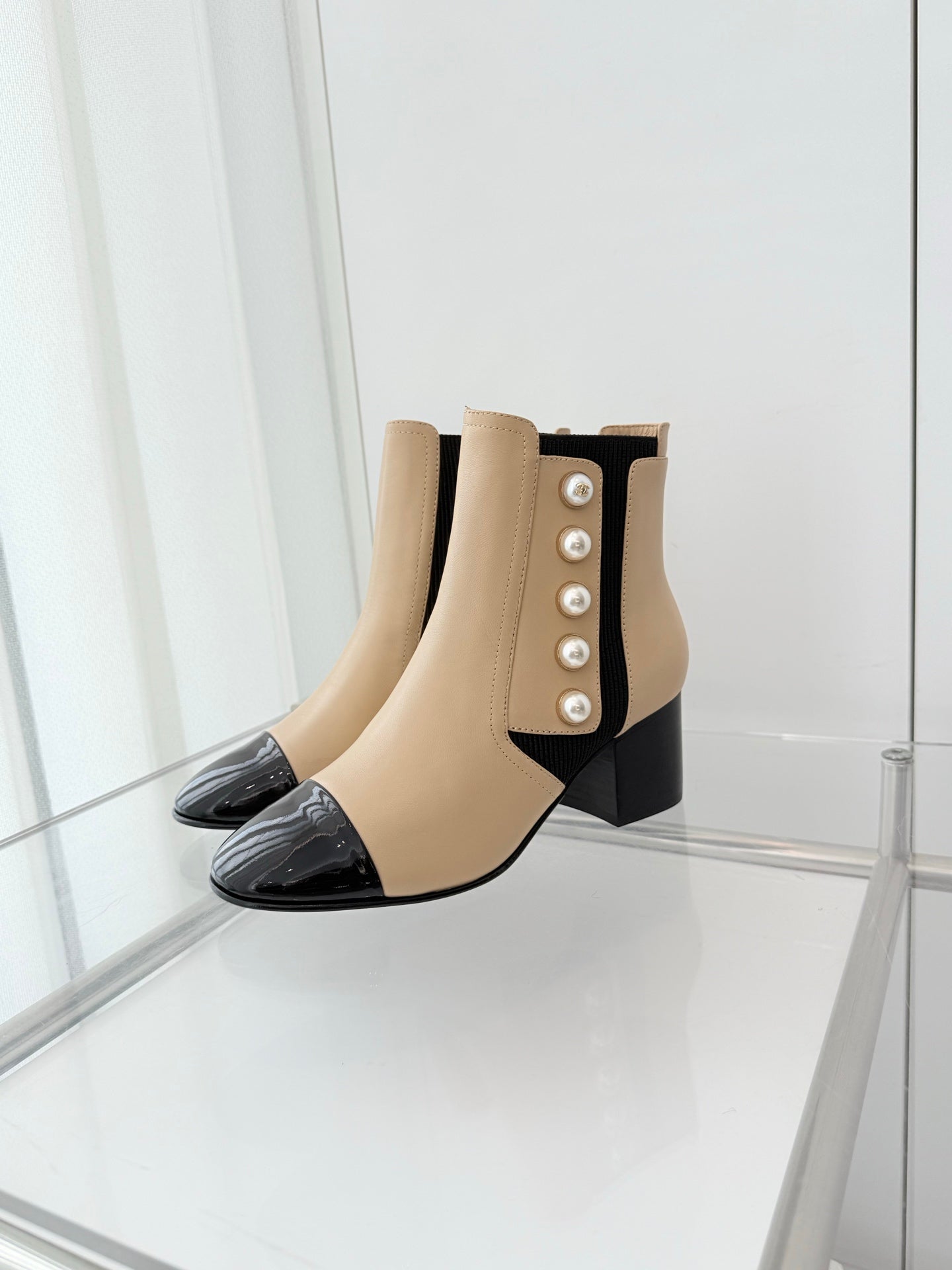 Chanel Pearl Button Two-Tone Cap Toe Ankle Boots