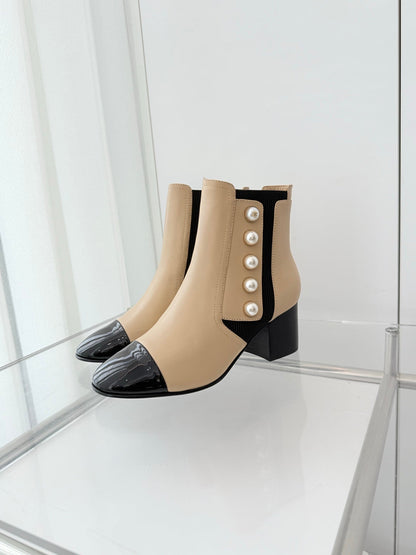 Chanel Pearl Button Two-Tone Cap Toe Ankle Boots