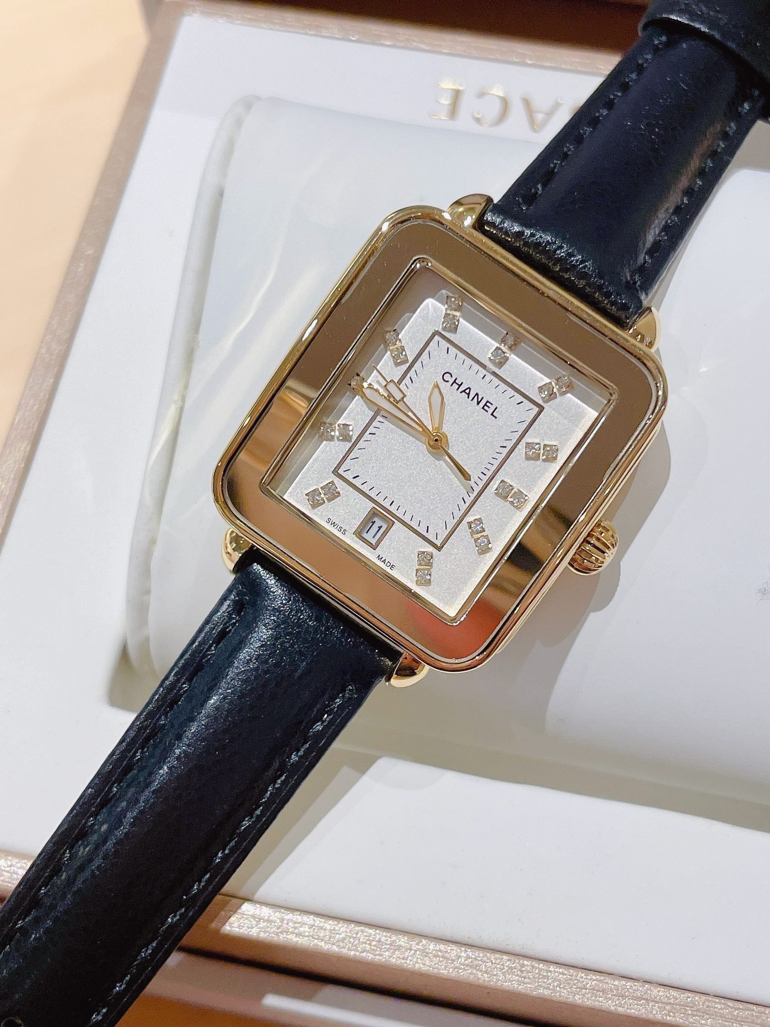 Chanel Première Square Diamond Gold Leather Watch