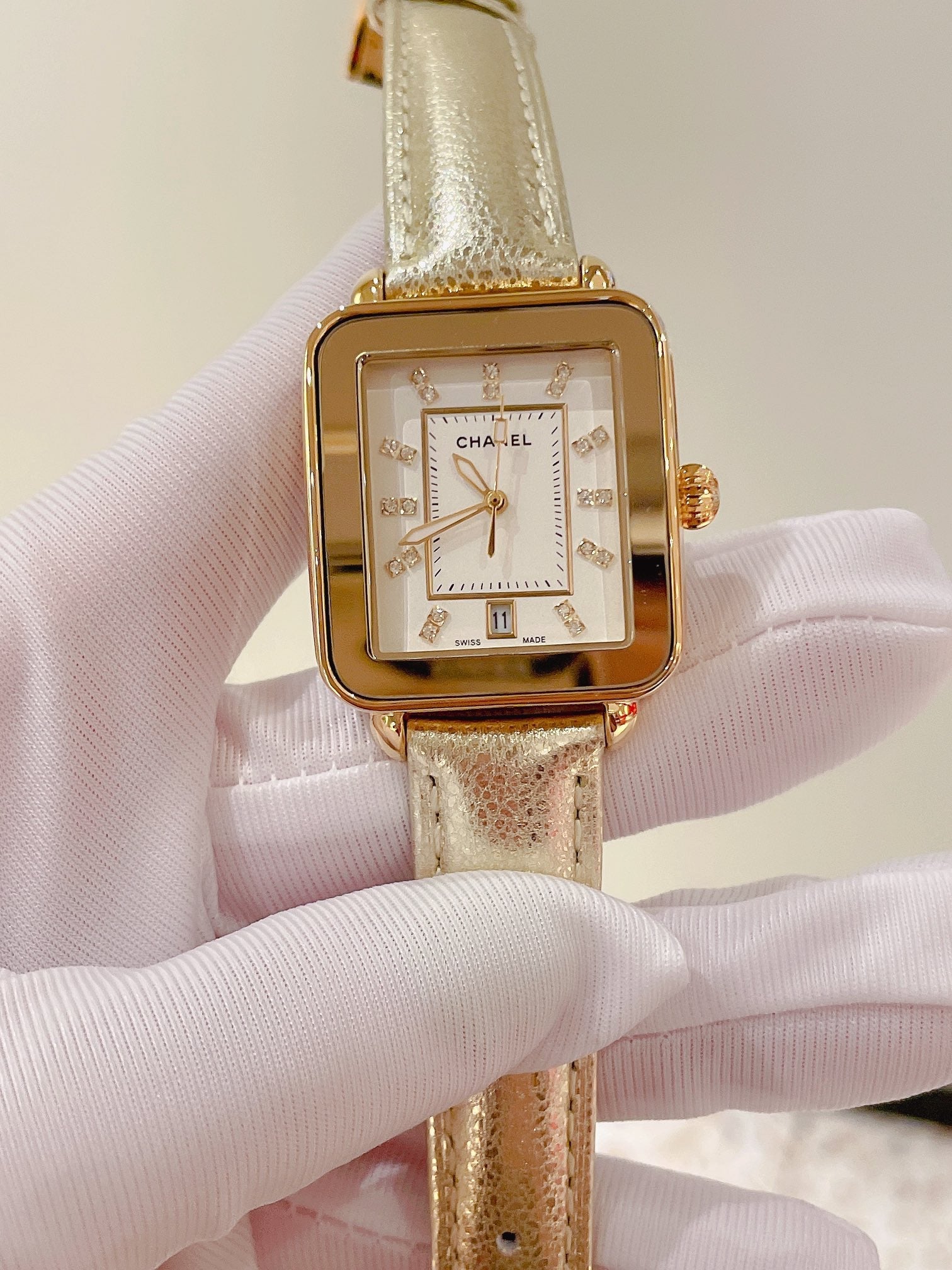 Chanel Première Square Diamond Gold Leather Watch