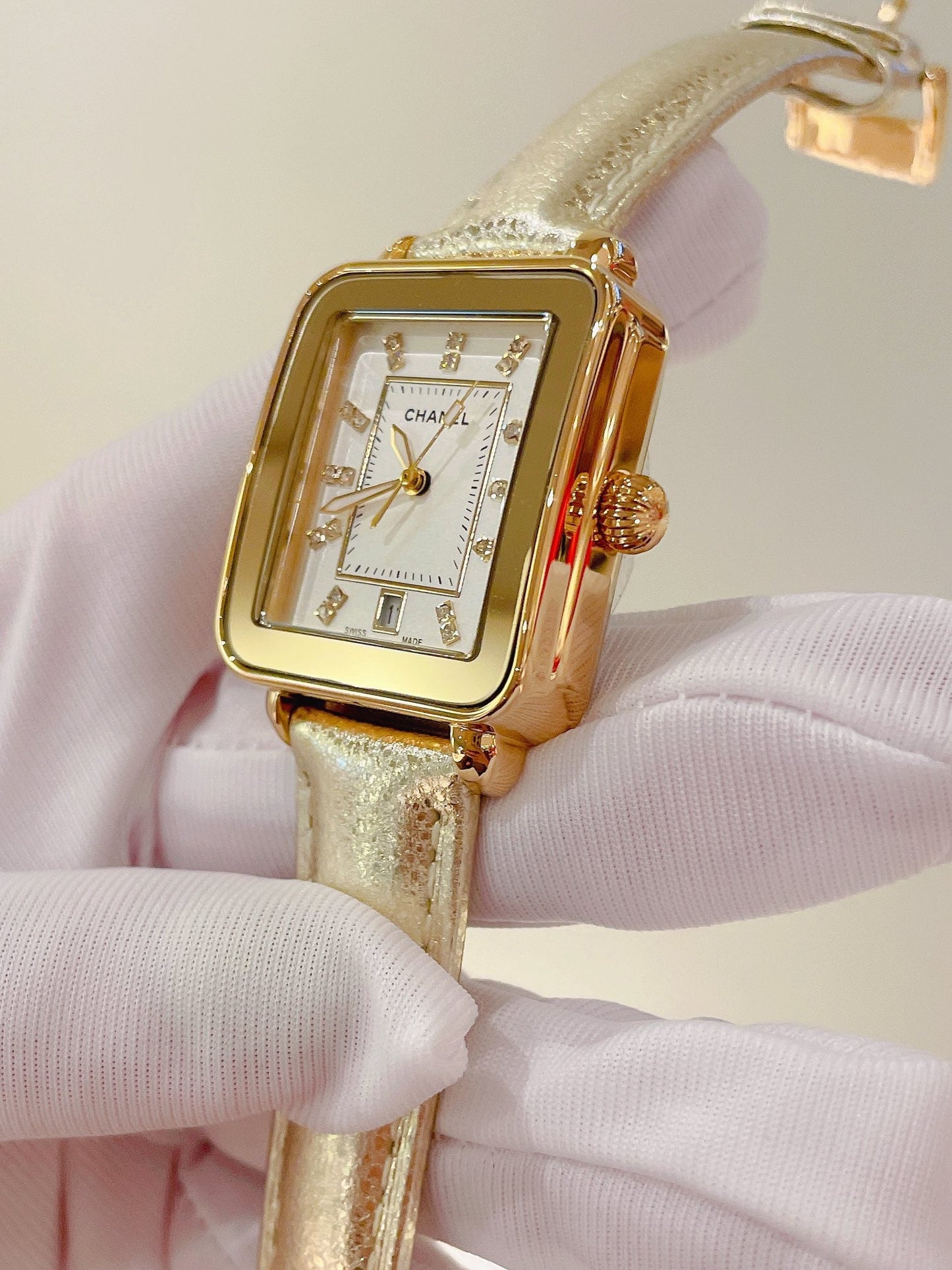Chanel Première Square Diamond Gold Leather Watch