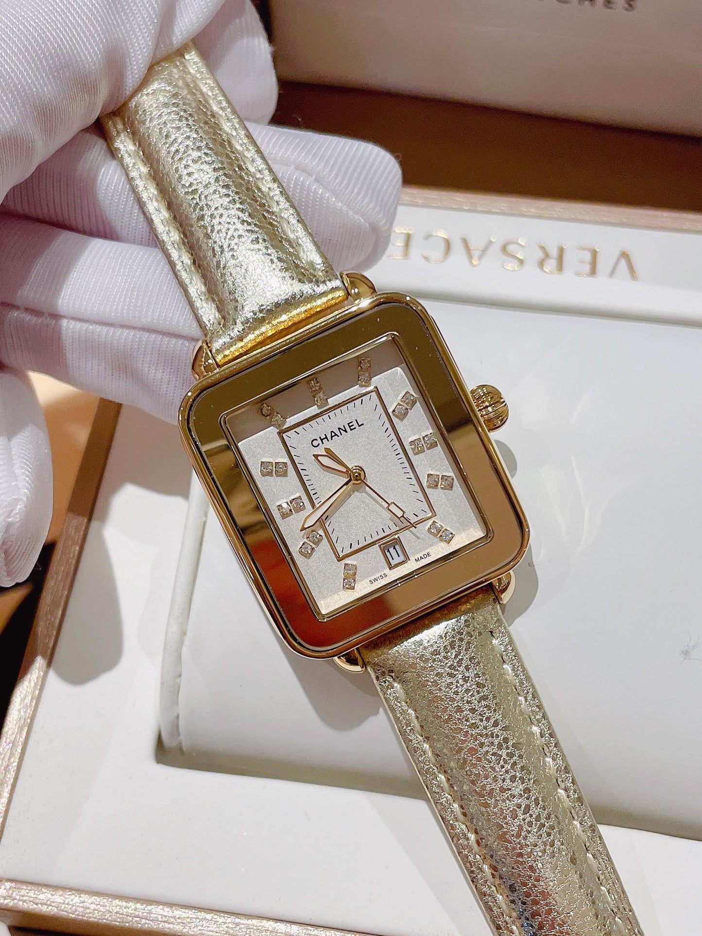 Chanel Première Square Diamond Gold Leather Watch