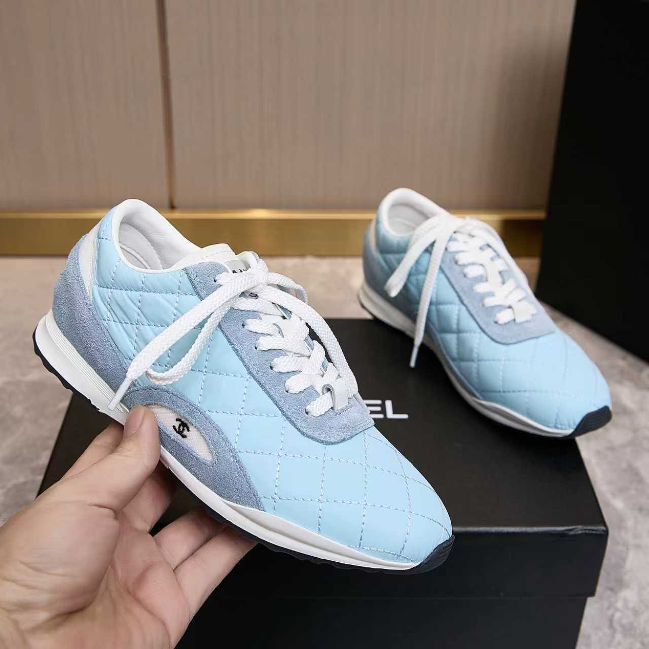 Chanel Quilted Calfskin & Suede Lace-Up Sneakers