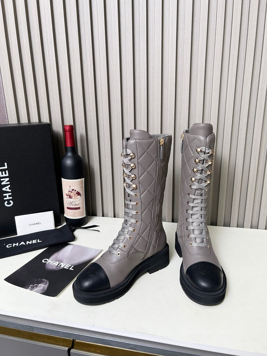 Chanel Quilted Lace-Up Combat long Boots