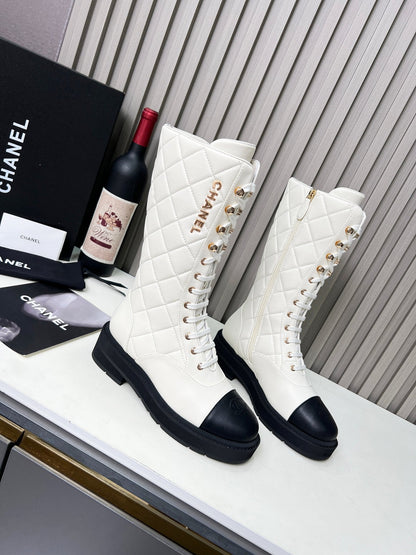 Chanel Quilted Lace-Up Combat long Boots