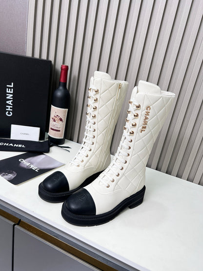 Chanel Quilted Lace-Up Combat long Boots
