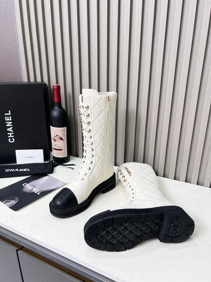 Chanel Quilted Lace-Up Combat long Boots