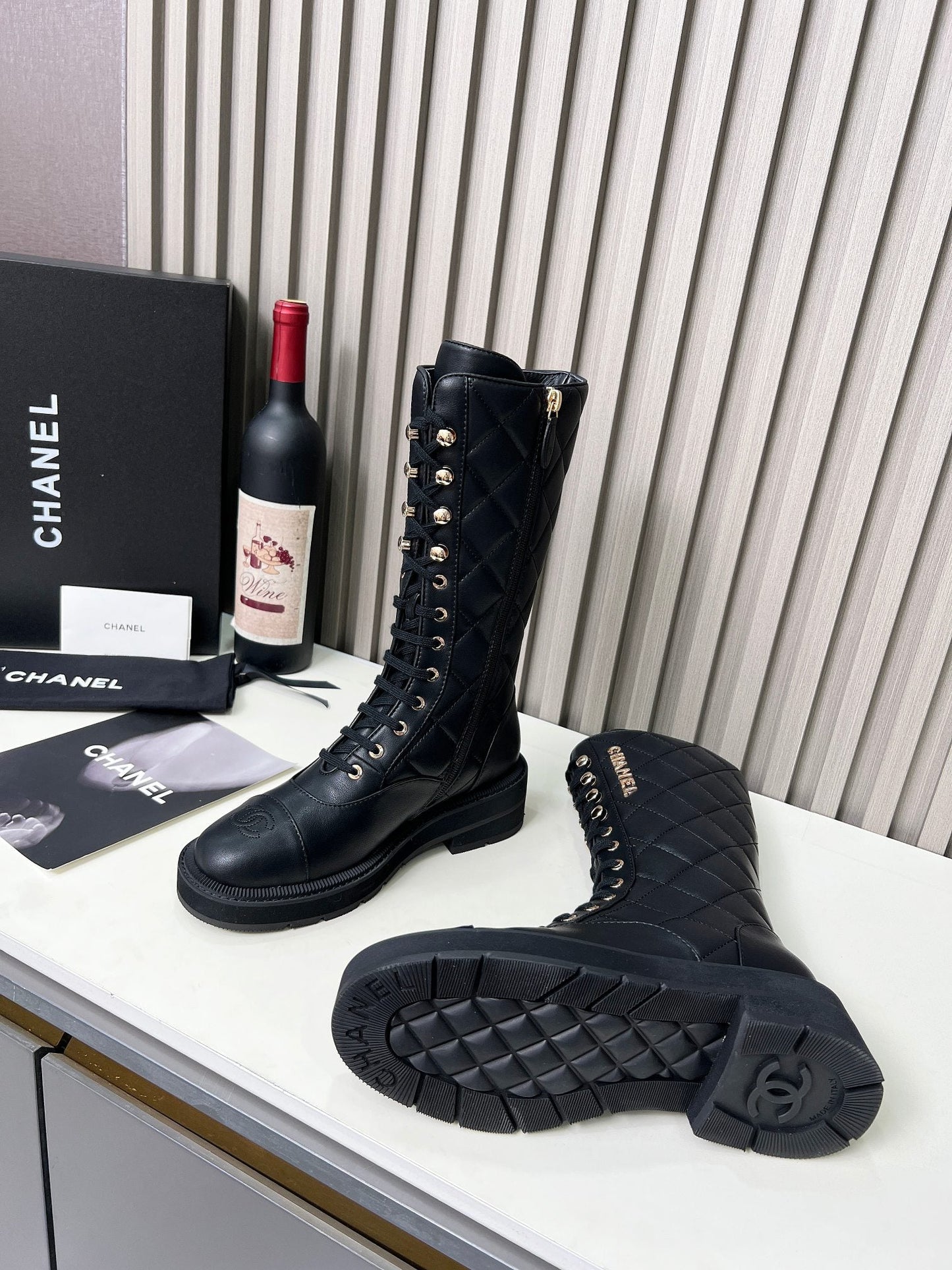 Chanel Quilted Lace-Up Combat long Boots