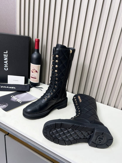 Chanel Quilted Lace-Up Combat long Boots