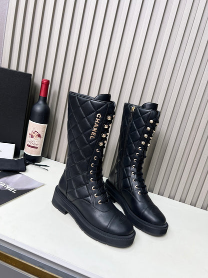Chanel Quilted Lace-Up Combat long Boots