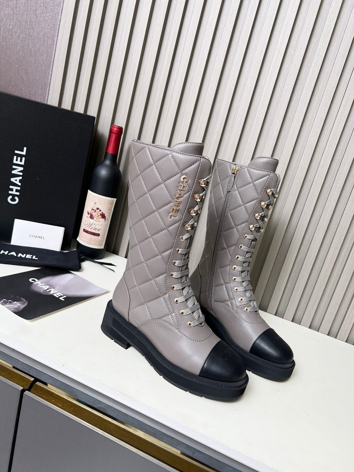 Chanel Quilted Lace-Up Combat long Boots