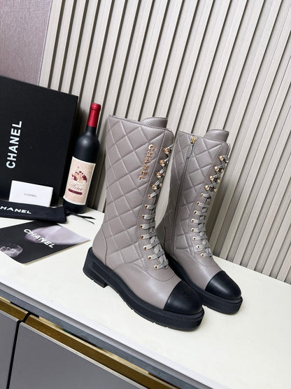 Chanel Quilted Lace-Up Combat long Boots