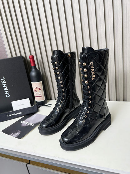 Chanel Quilted Lace-Up Combat long Boots