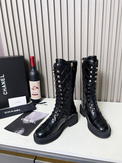 Chanel Quilted Lace-Up Combat long Boots