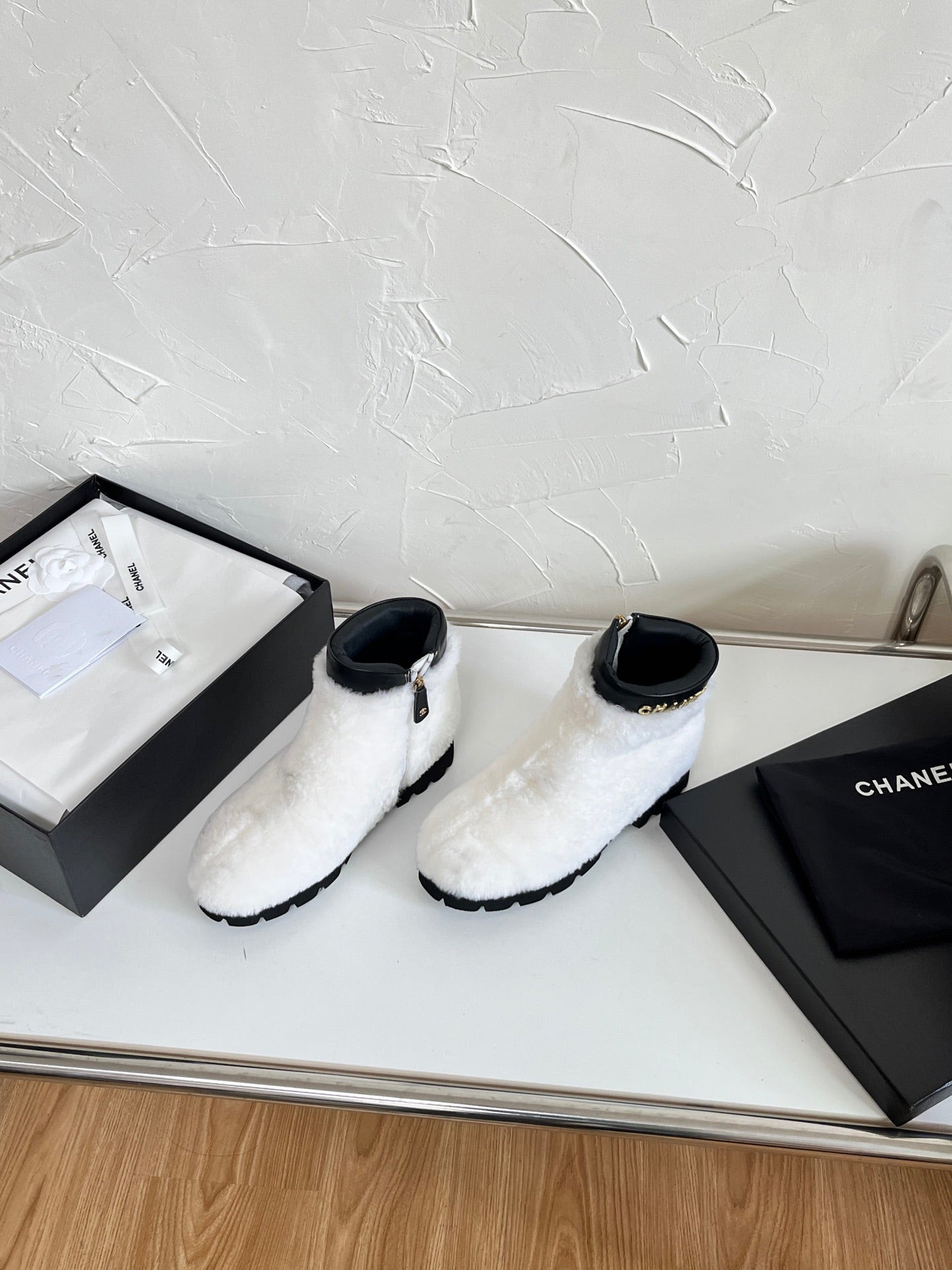 Chanel Shearling Lambskin Logo Ankle Boots