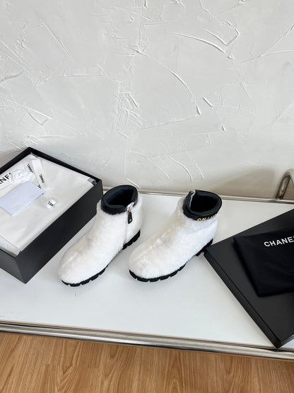 Chanel Shearling Lambskin Logo Ankle Boots