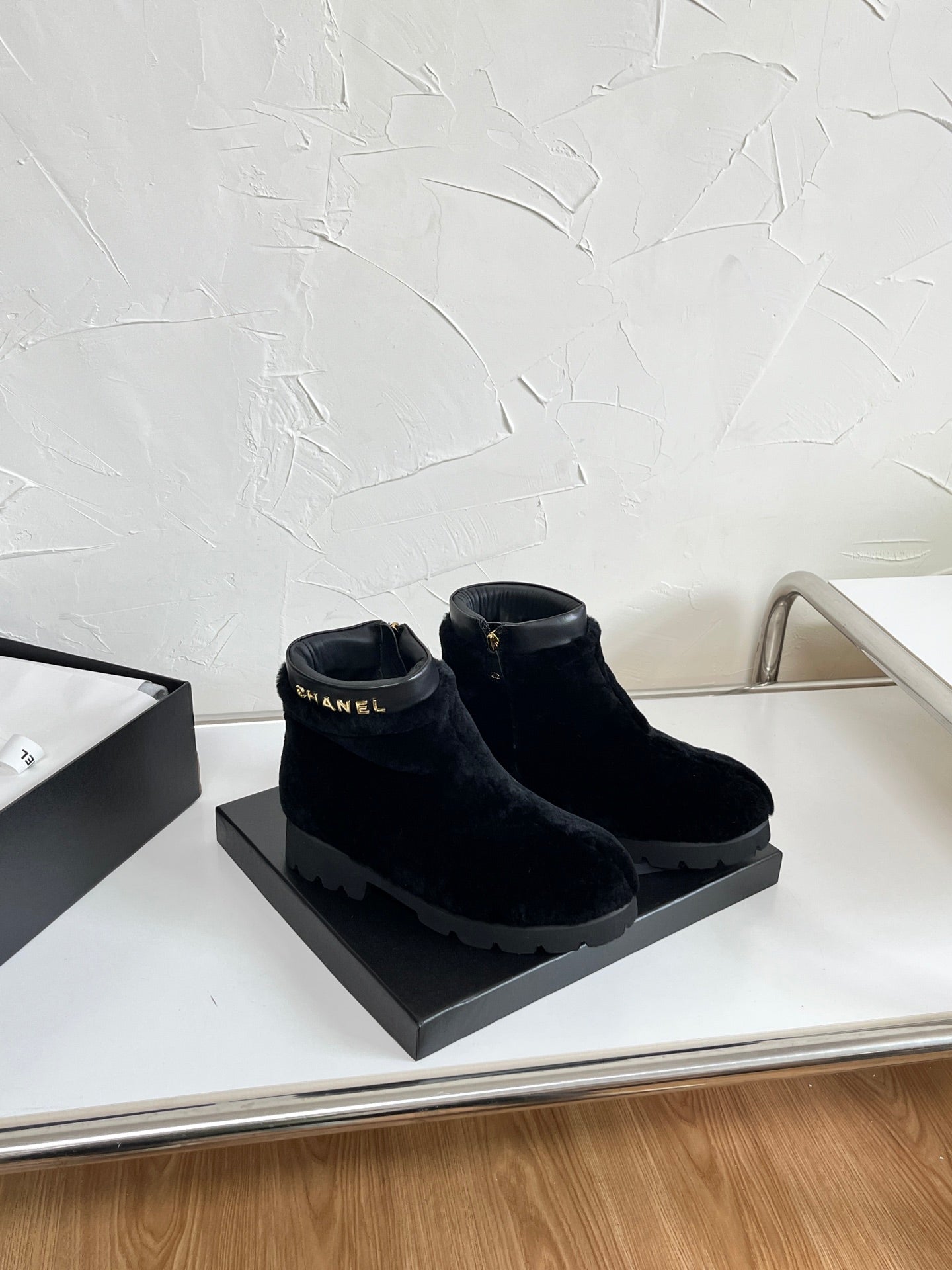 Chanel Shearling Lambskin Logo Ankle Boots