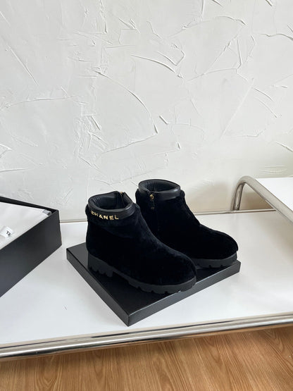 Chanel Shearling Lambskin Logo Ankle Boots