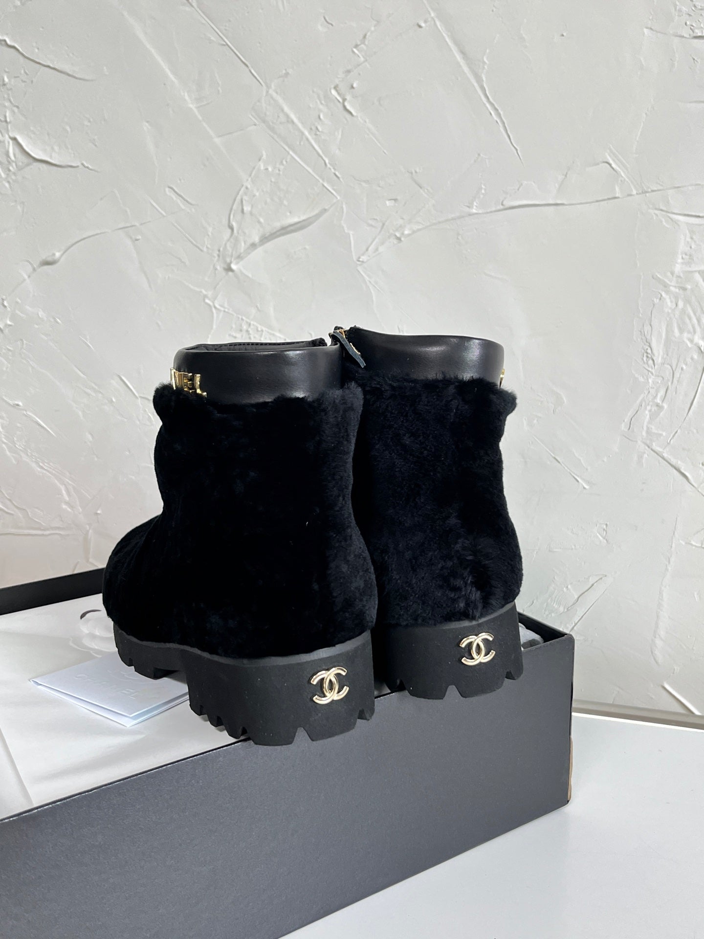 Chanel Shearling Lambskin Logo Ankle Boots