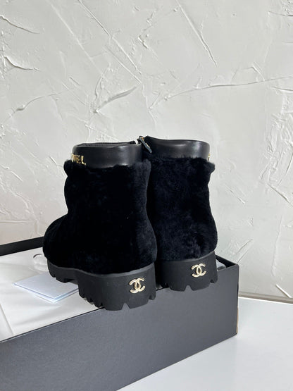 Chanel Shearling Lambskin Logo Ankle Boots