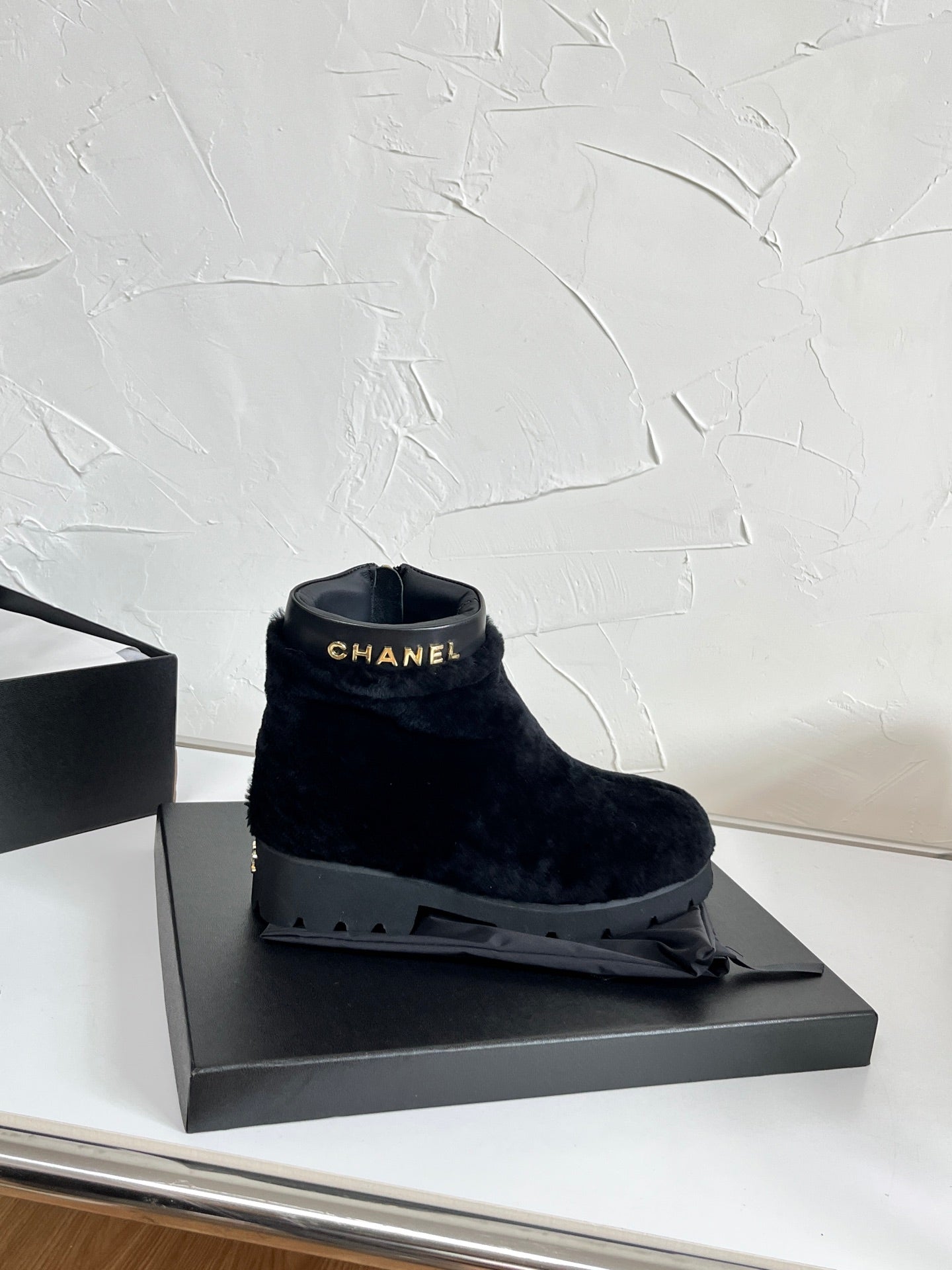 Chanel Shearling Lambskin Logo Ankle Boots