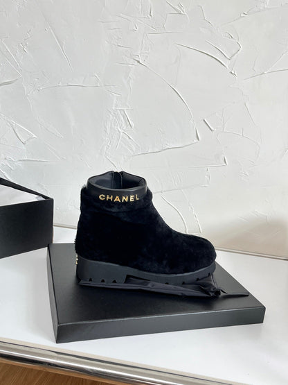 Chanel Shearling Lambskin Logo Ankle Boots