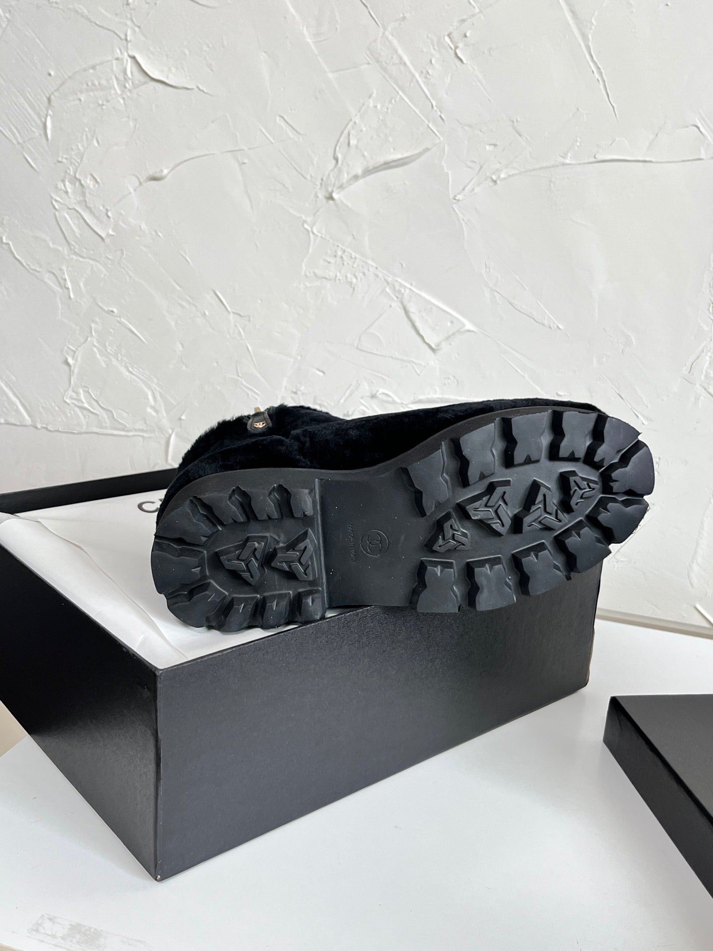 Chanel Shearling Lambskin Logo Ankle Boots