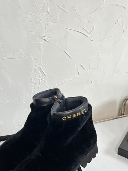 Chanel Shearling Lambskin Logo Ankle Boots