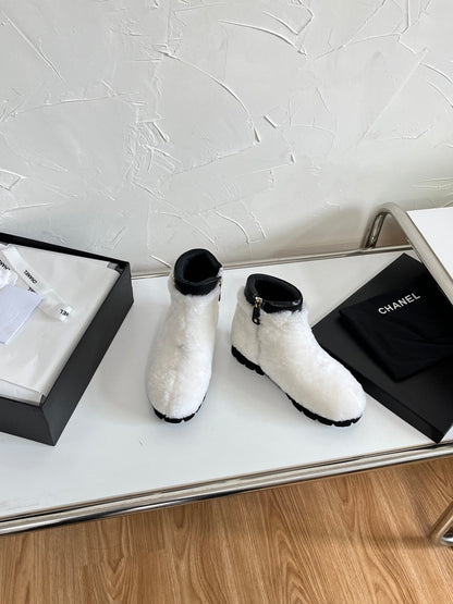 Chanel Shearling Lambskin Logo Ankle Boots