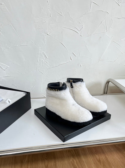 Chanel Shearling Lambskin Logo Ankle Boots