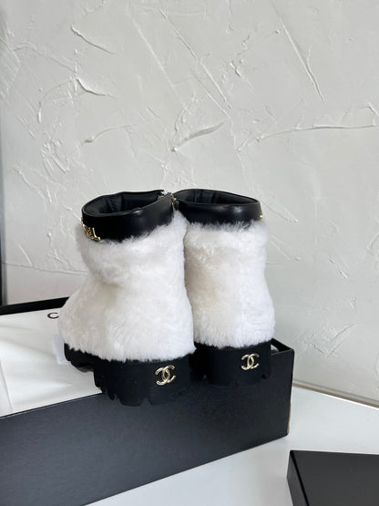 Chanel Shearling Lambskin Logo Ankle Boots