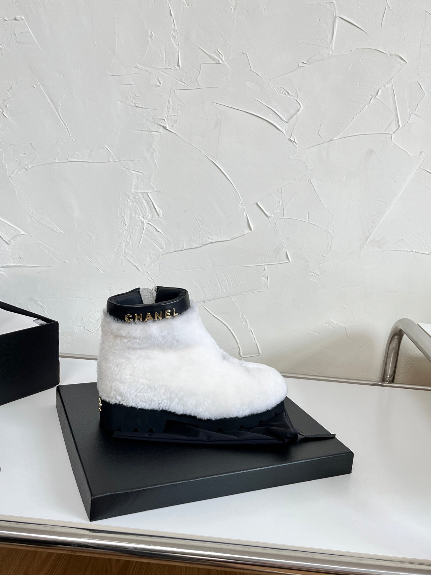 Chanel Shearling Lambskin Logo Ankle Boots