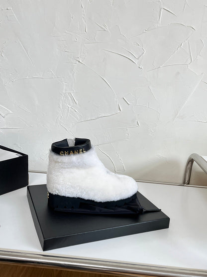 Chanel Shearling Lambskin Logo Ankle Boots