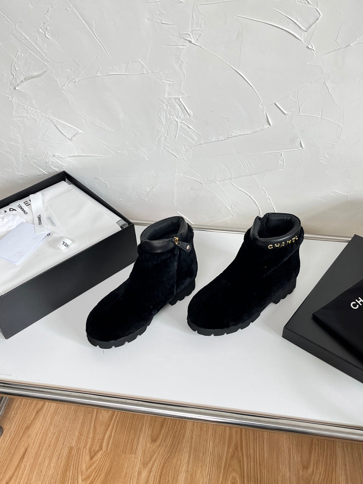 Chanel Shearling Lambskin Logo Ankle Boots