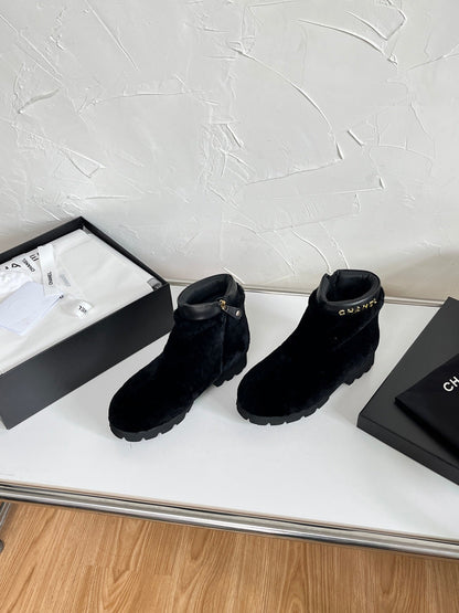 Chanel Shearling Lambskin Logo Ankle Boots