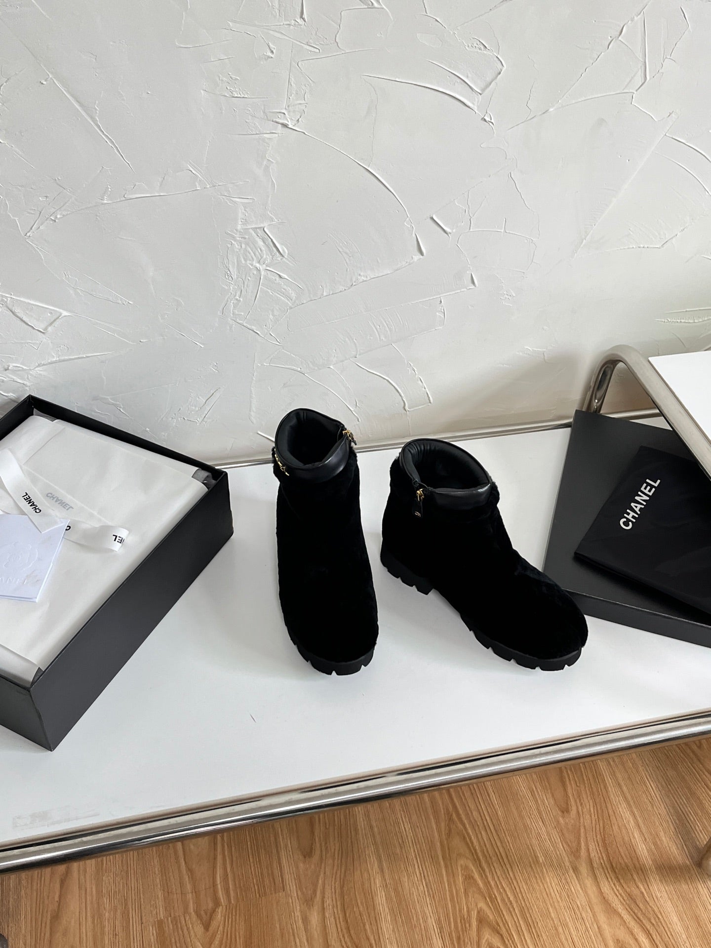 Chanel Shearling Lambskin Logo Ankle Boots