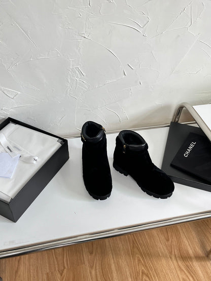 Chanel Shearling Lambskin Logo Ankle Boots