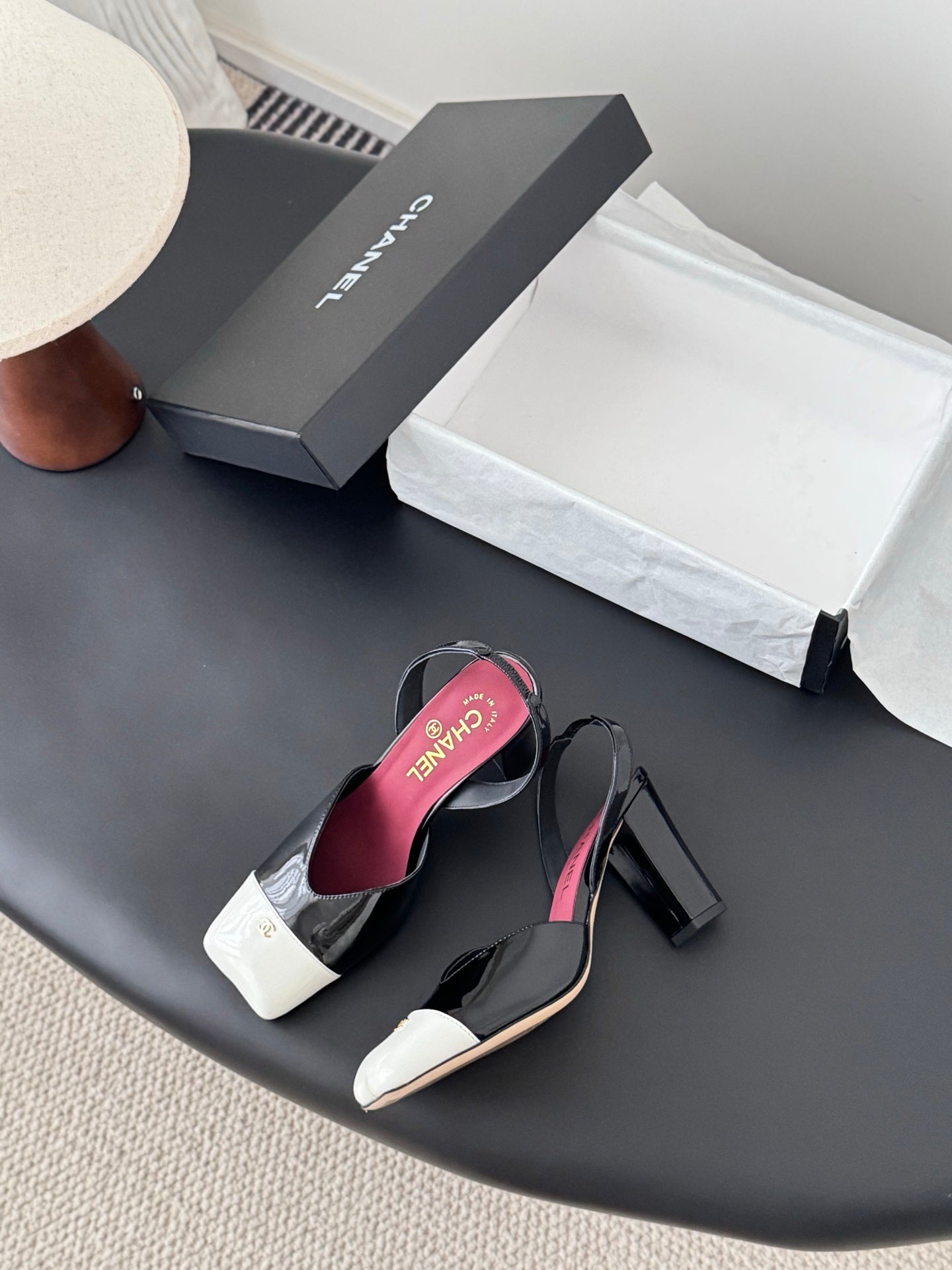 Chanel Two-Tone Square Toe Slingback Pumps