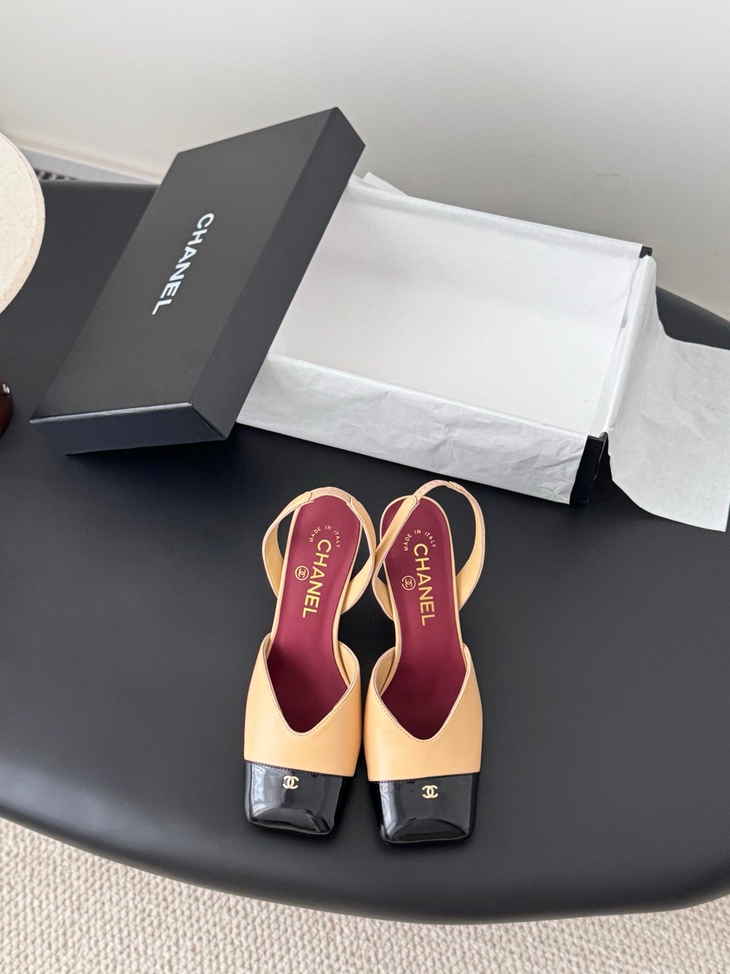 Chanel Two-Tone Square Toe Slingback Pumps