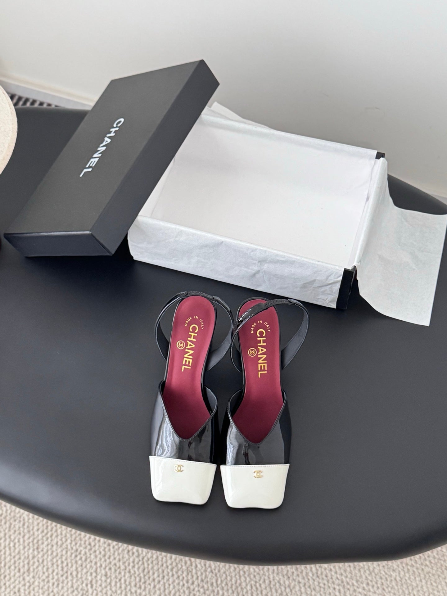 Chanel Two-Tone Square Toe Slingback Pumps