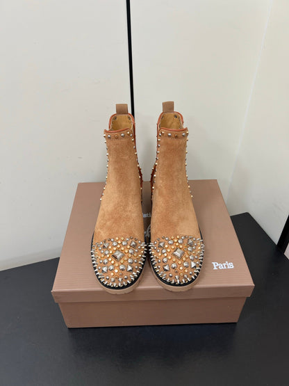 Christian Louboutin Chasse A Clou Studded Cap Toe Chelsea Booties - Suede