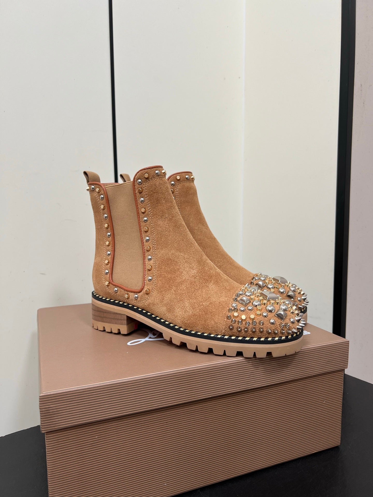 Christian Louboutin Chasse A Clou Studded Cap Toe Chelsea Booties - Suede