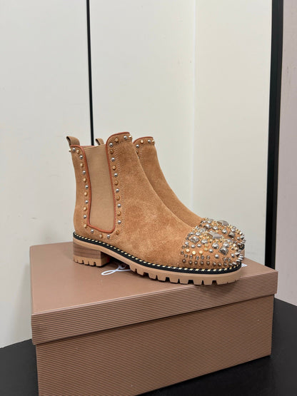 Christian Louboutin Chasse A Clou Studded Cap Toe Chelsea Booties - Suede