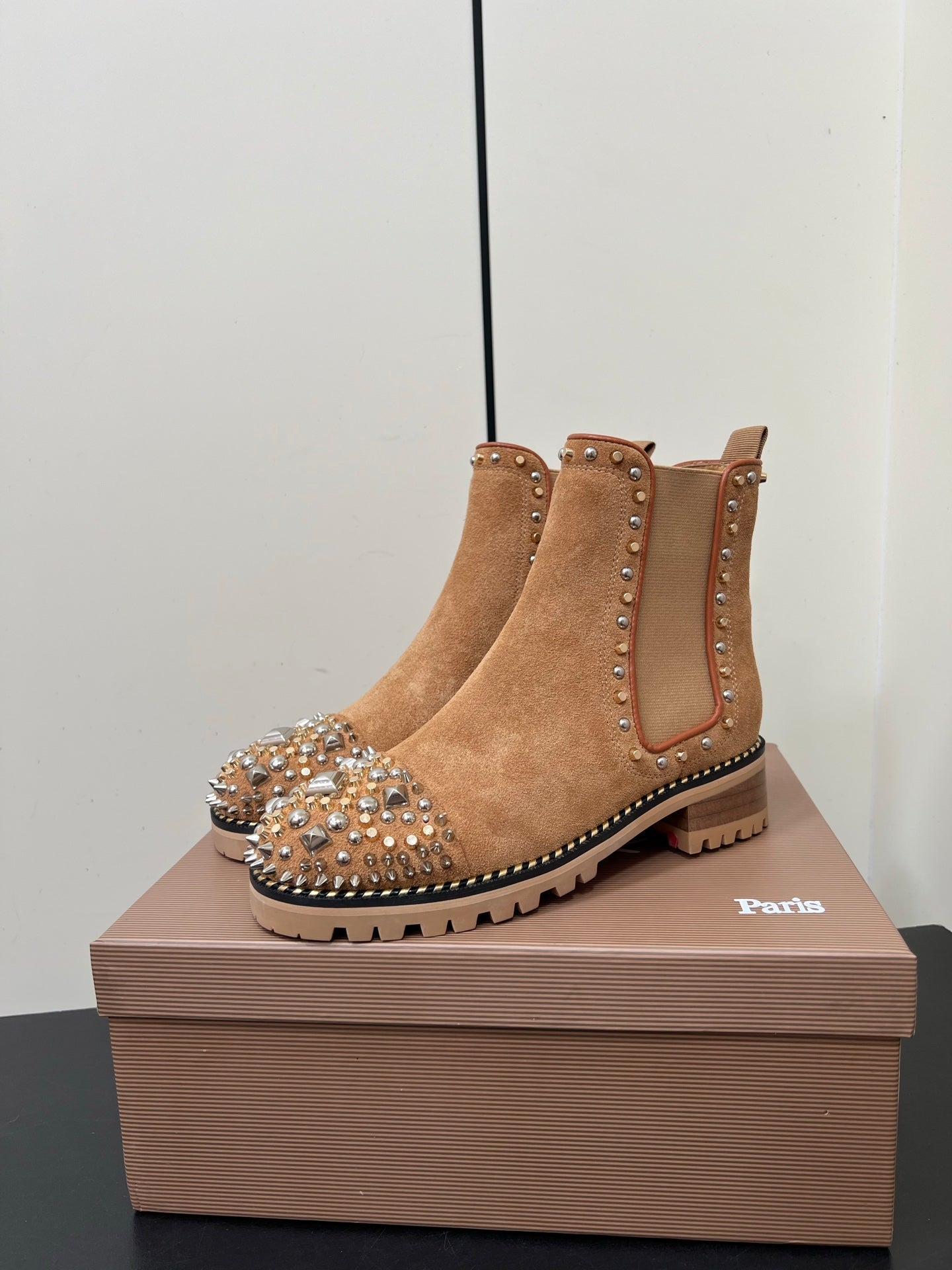 Christian Louboutin Chasse A Clou Studded Cap Toe Chelsea Booties - Suede
