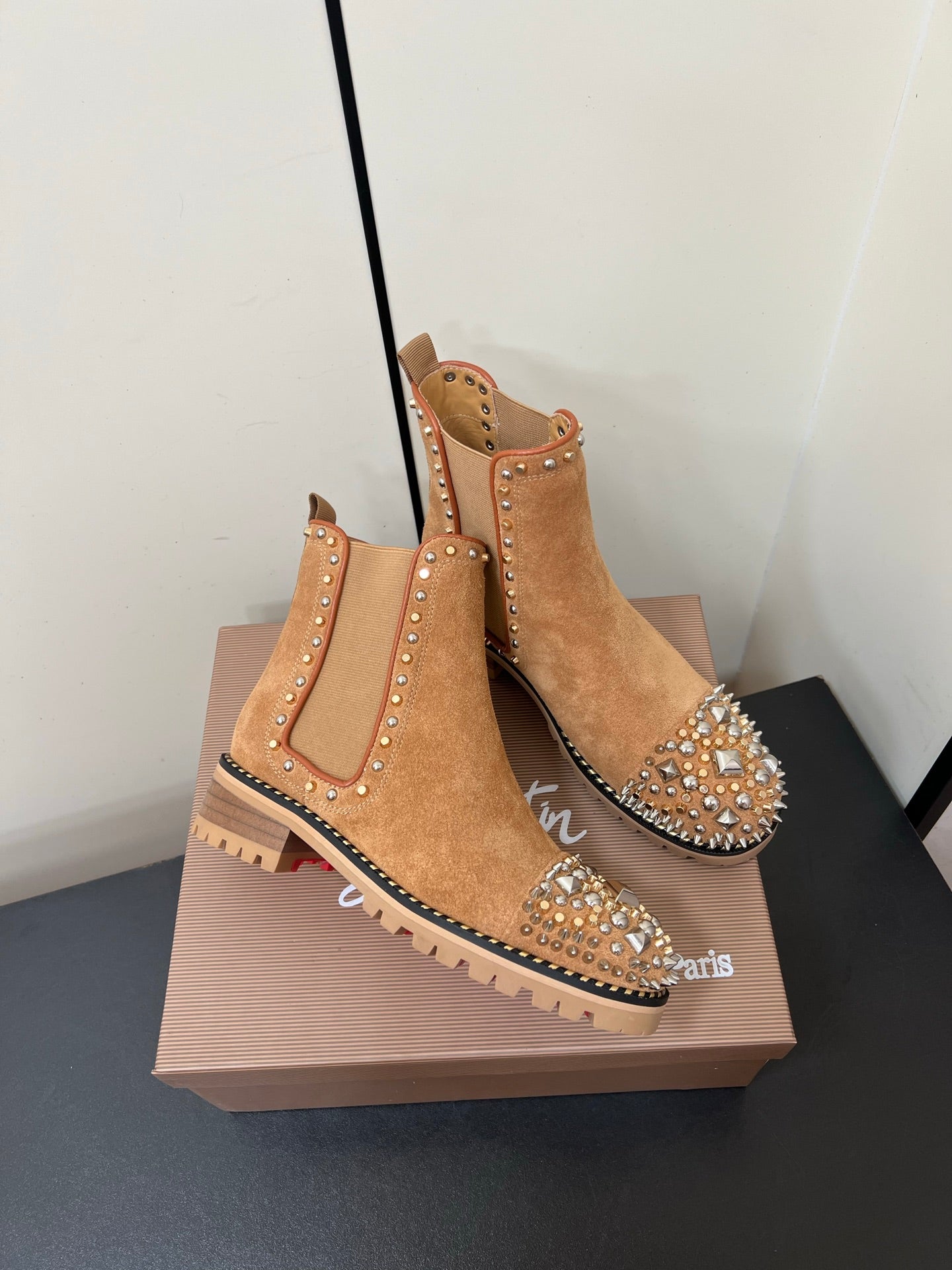 Christian Louboutin Chasse A Clou Studded Cap Toe Chelsea Booties - Suede