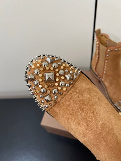 Christian Louboutin Chasse A Clou Studded Cap Toe Chelsea Booties - Suede