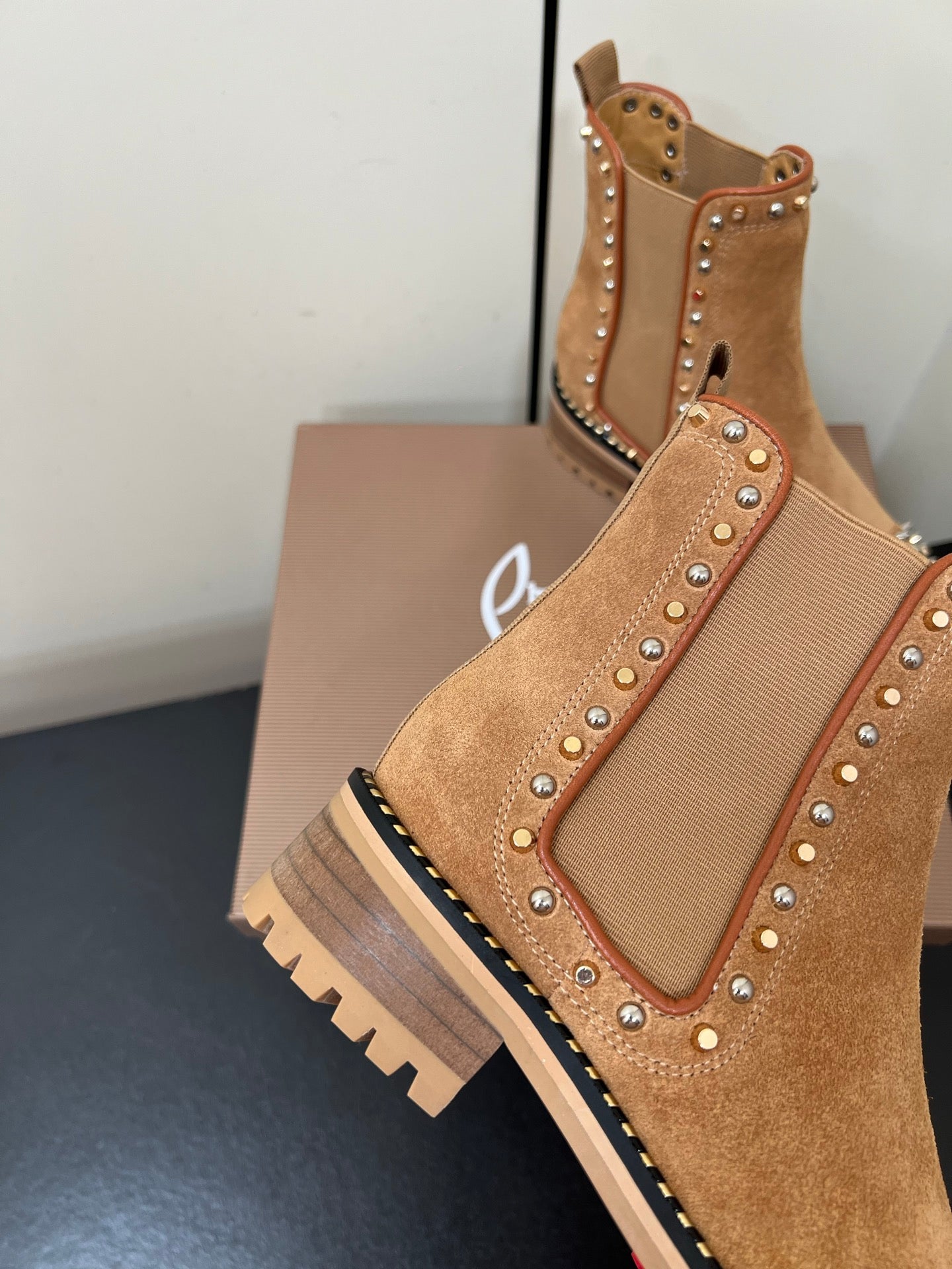 Christian Louboutin Chasse A Clou Studded Cap Toe Chelsea Booties - Suede